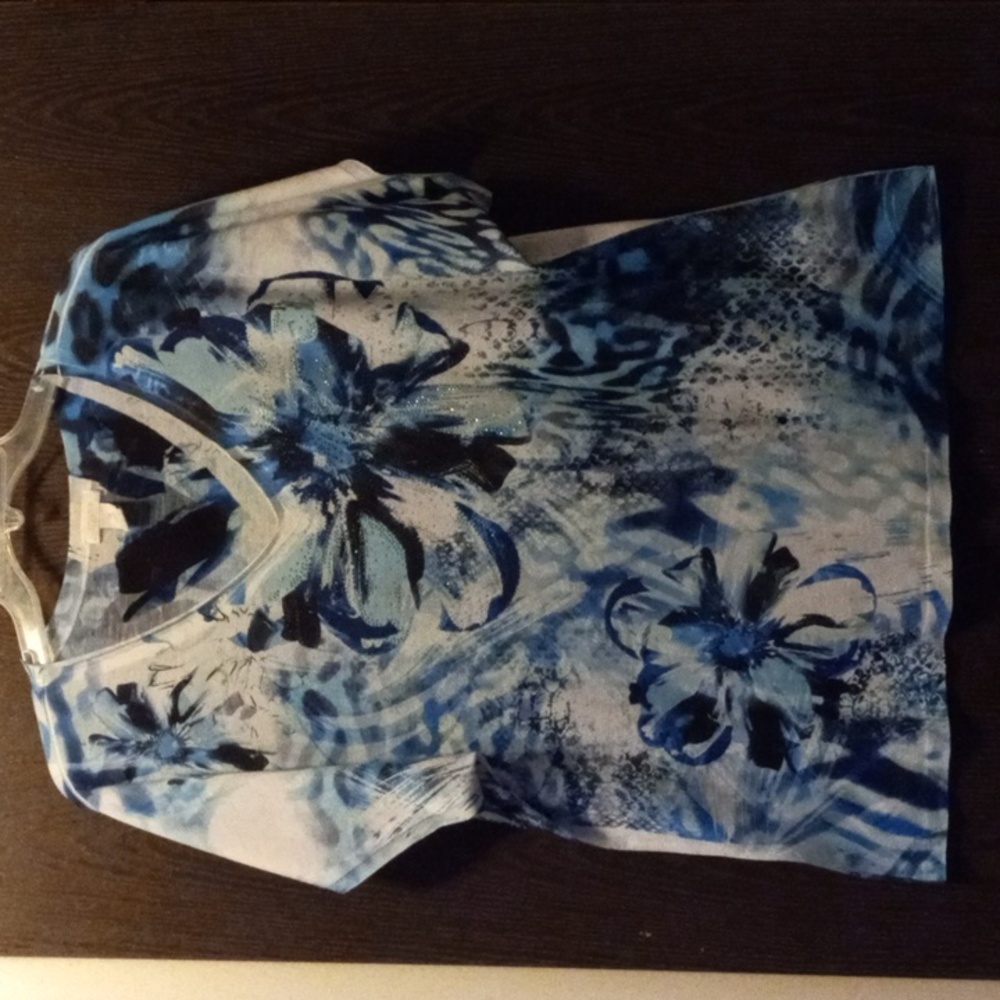 CHICOS BLUE BLING FLOWERY EMBELLISHED BLOUSE SCOOP NECK XL NWOT